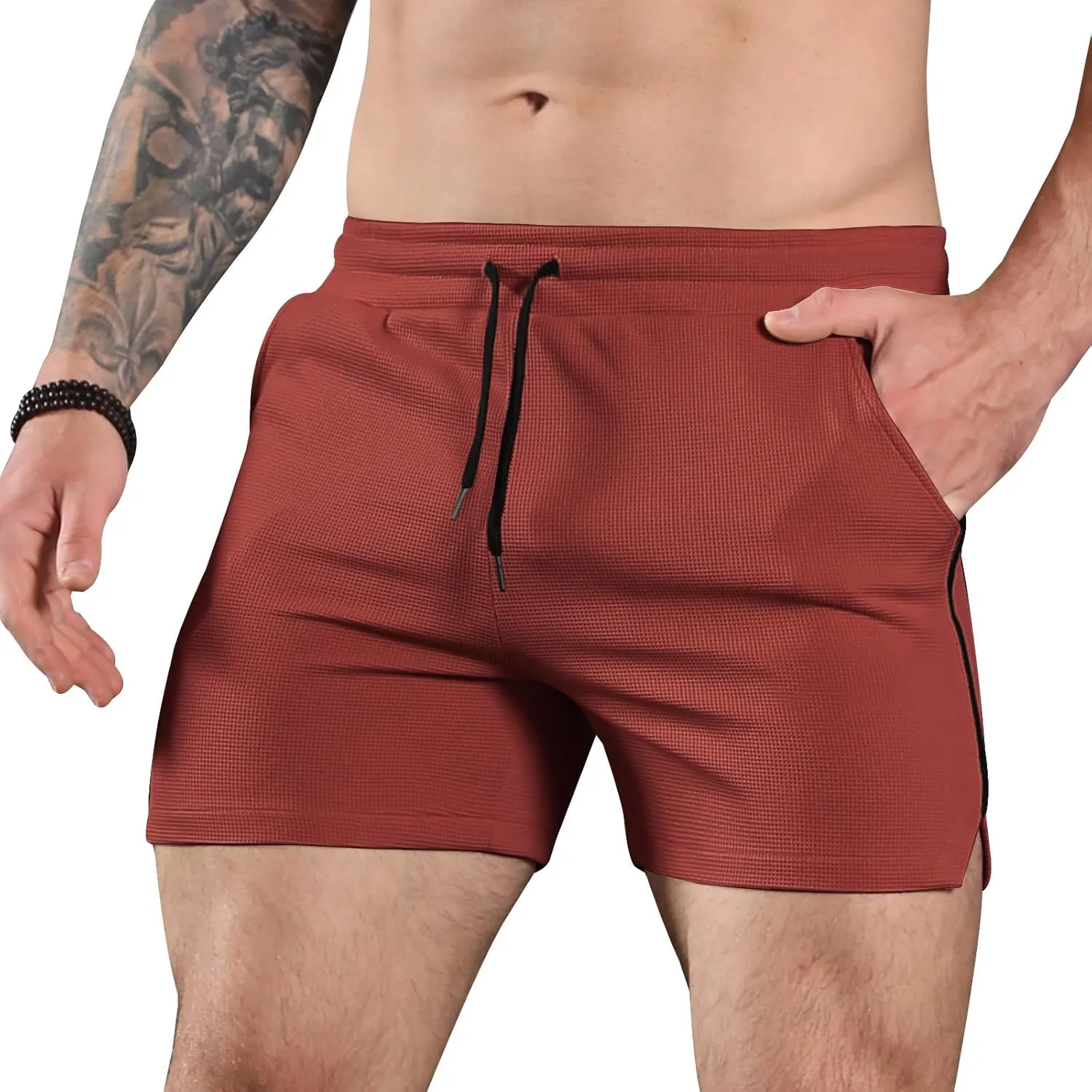 Surenow Mens Waffle Gym Shorts Drawstring Workout Shorts Bodybuilding Athletic Lightweight Breathable Shorts with Pockets