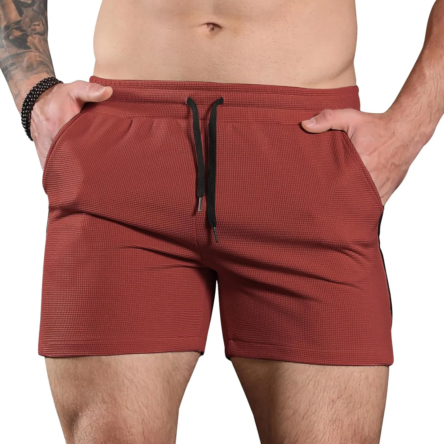 Surenow Mens Waffle Gym Shorts Drawstring Workout Shorts Bodybuilding Athletic Lightweight Breathable Shorts with Pockets