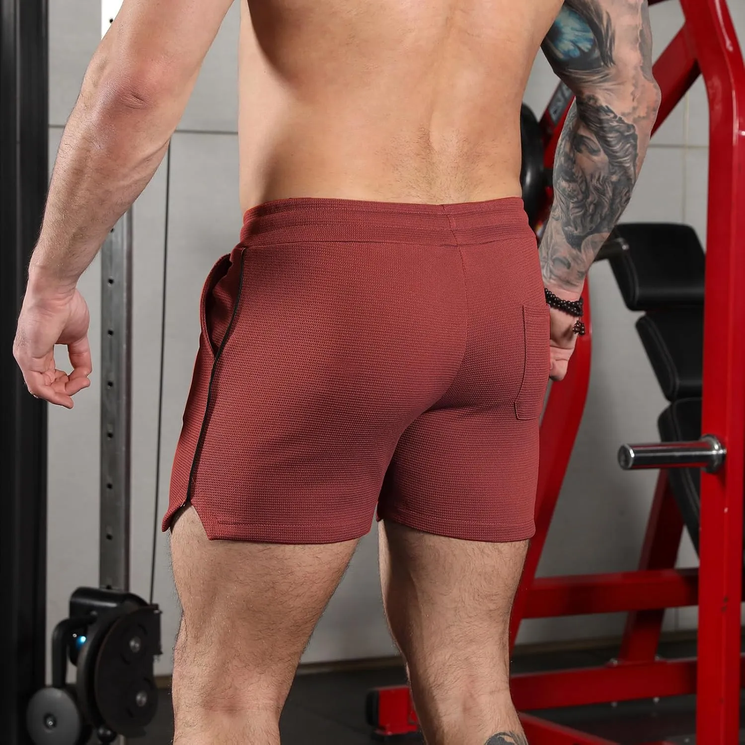 Surenow Mens Waffle Gym Shorts Drawstring Workout Shorts Bodybuilding Athletic Lightweight Breathable Shorts with Pockets