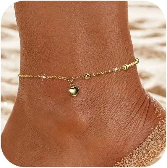 SUYACS Real 14k Gold Plated Heart Charm Anklets Bracelet for Women Cute Simple Waterproof Beaded Ankle Bracelets Adjustable Summer Beach Foot Jewelry for Mom Wife Friends
