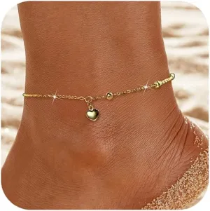 SUYACS Real 14k Gold Plated Heart Charm Anklets Bracelet for Women Cute Simple Waterproof Beaded Ankle Bracelets Adjustable Summer Beach Foot Jewelry for Mom Wife Friends