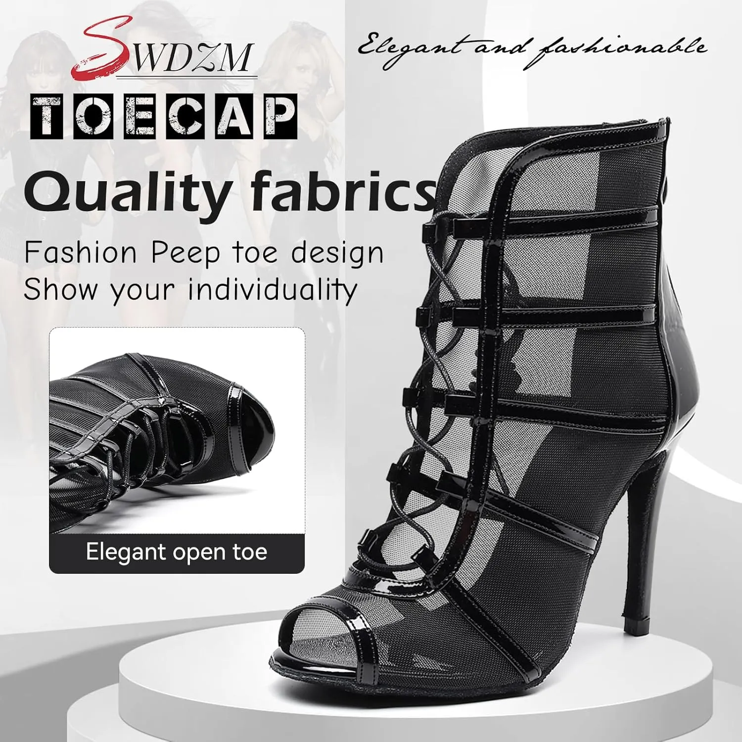 SWDZM Women's Ballroom Latin Salsa Dance Shoes Lace-up Open-Toe Dance Boots Mesh Performance Professional Dance Heels Boots