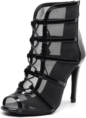 SWDZM Women's Ballroom Latin Salsa Dance Shoes Lace-up Open-Toe Dance Boots Mesh Performance Professional Dance Heels Boots