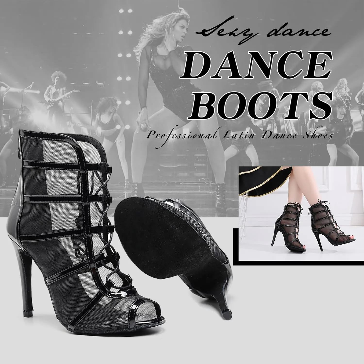 SWDZM Women's Ballroom Latin Salsa Dance Shoes Lace-up Open-Toe Dance Boots Mesh Performance Professional Dance Heels Boots
