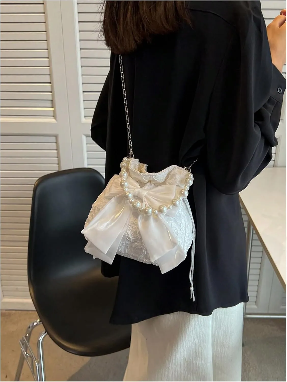 SweatyRocks Women's Bow Textured Beaded Drawstring Crossbody Bucket Bags Mini Purses
