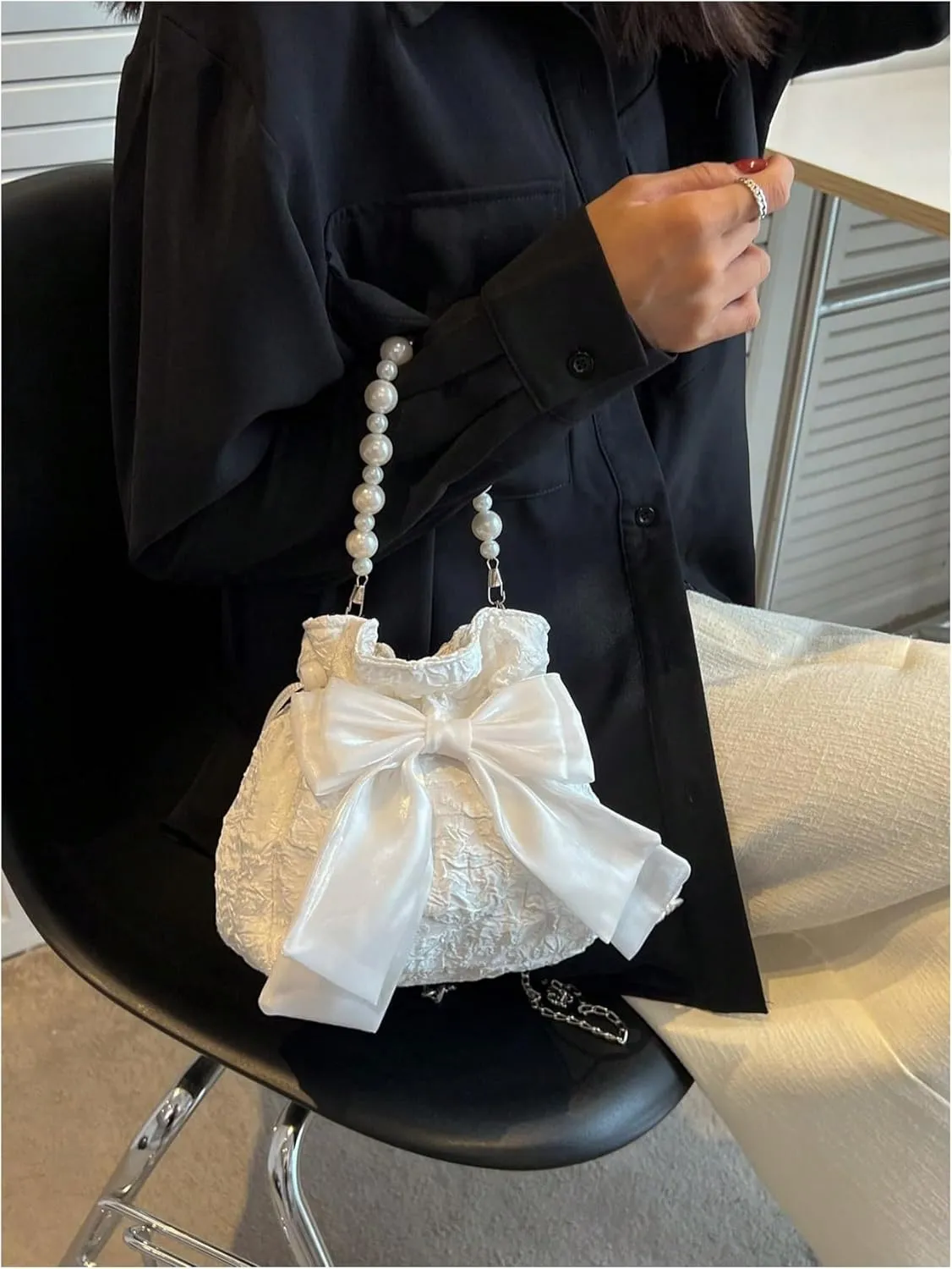 SweatyRocks Women's Bow Textured Beaded Drawstring Crossbody Bucket Bags Mini Purses