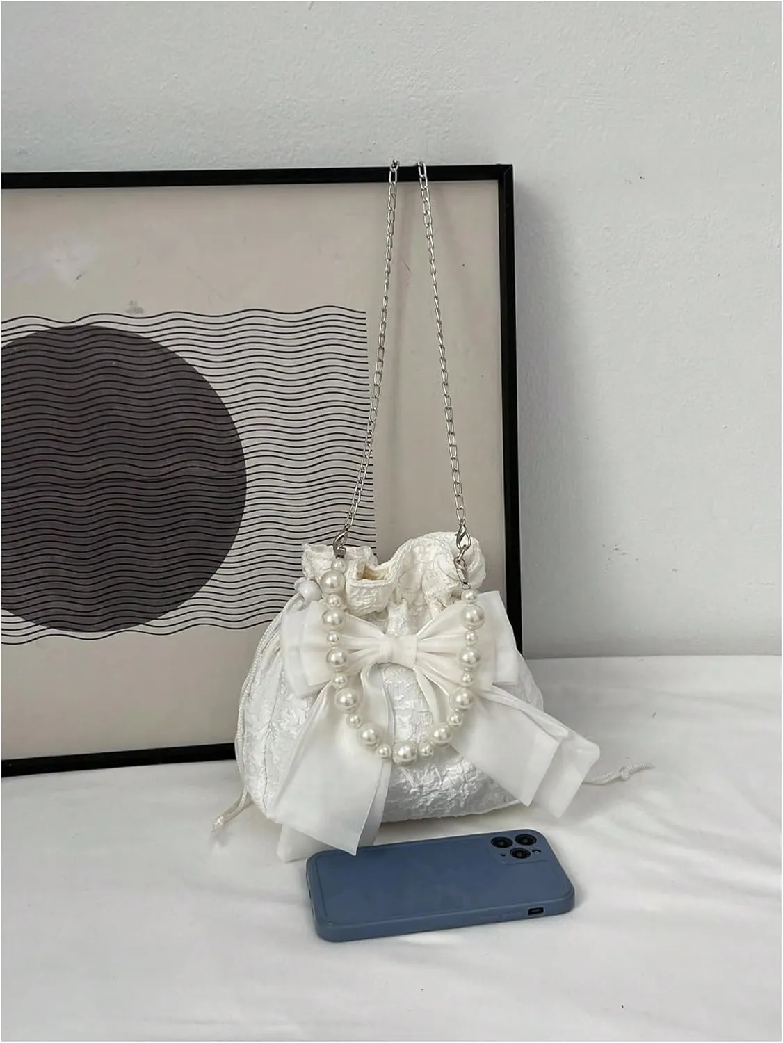 SweatyRocks Women's Bow Textured Beaded Drawstring Crossbody Bucket Bags Mini Purses