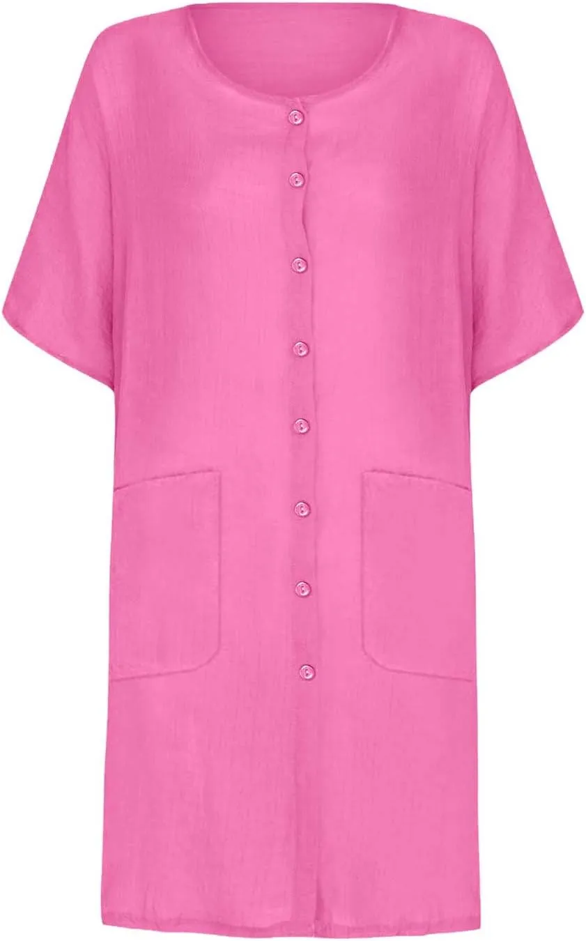 TANGNADE Womens Cotton Linen Midi Dresses Summer Casual Short Sleeve Beach Cover Up Shirts Loose Flowy Dress