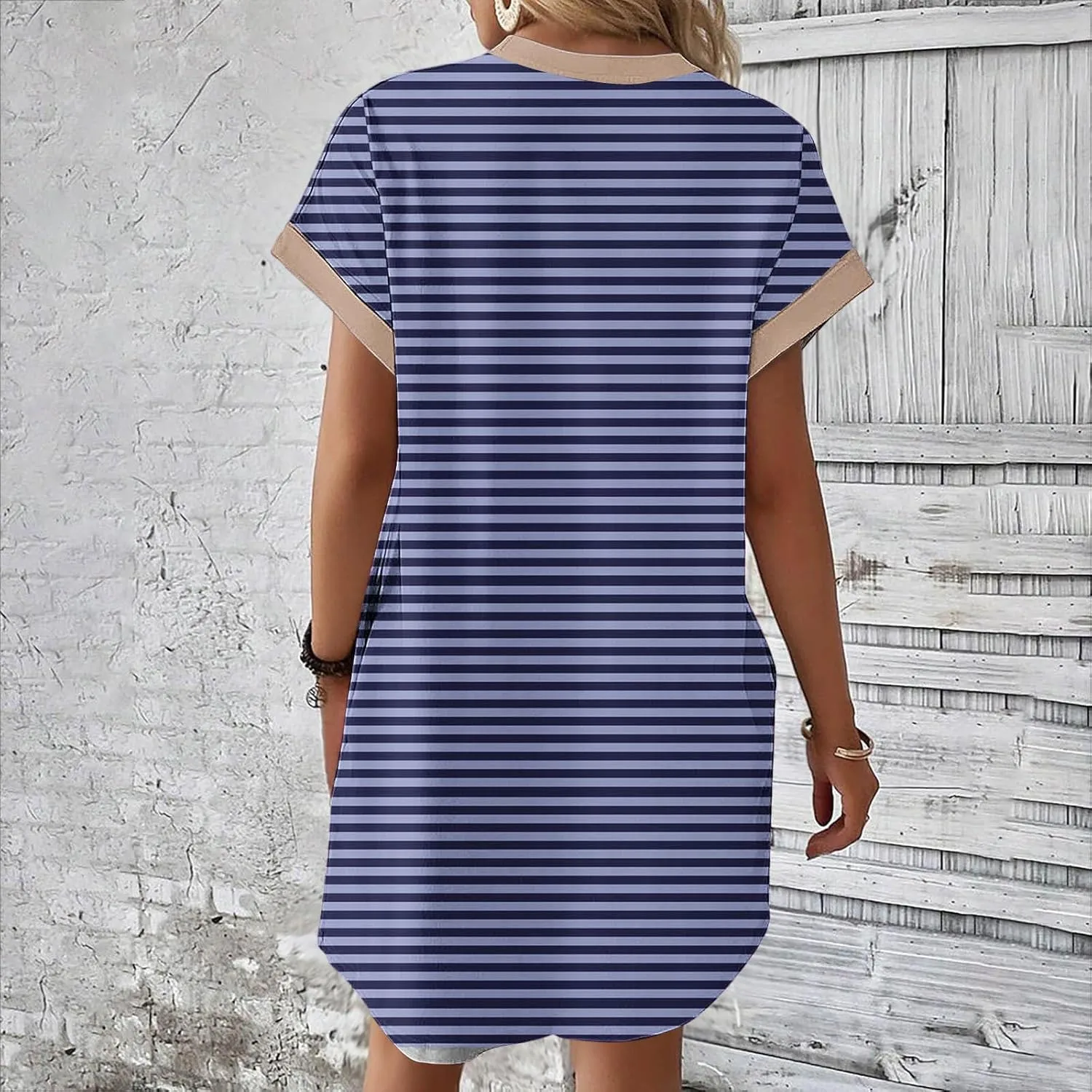 TANGNADE Womens Striped Summer Dresses Crewneck Cap Short Sleeve Midi Dress Casual A Line Tshirt Dress with Pockets
