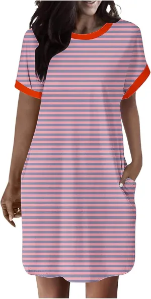 TANGNADE Womens Striped Summer Dresses Crewneck Cap Short Sleeve Midi Dress Casual A Line Tshirt Dress with Pockets