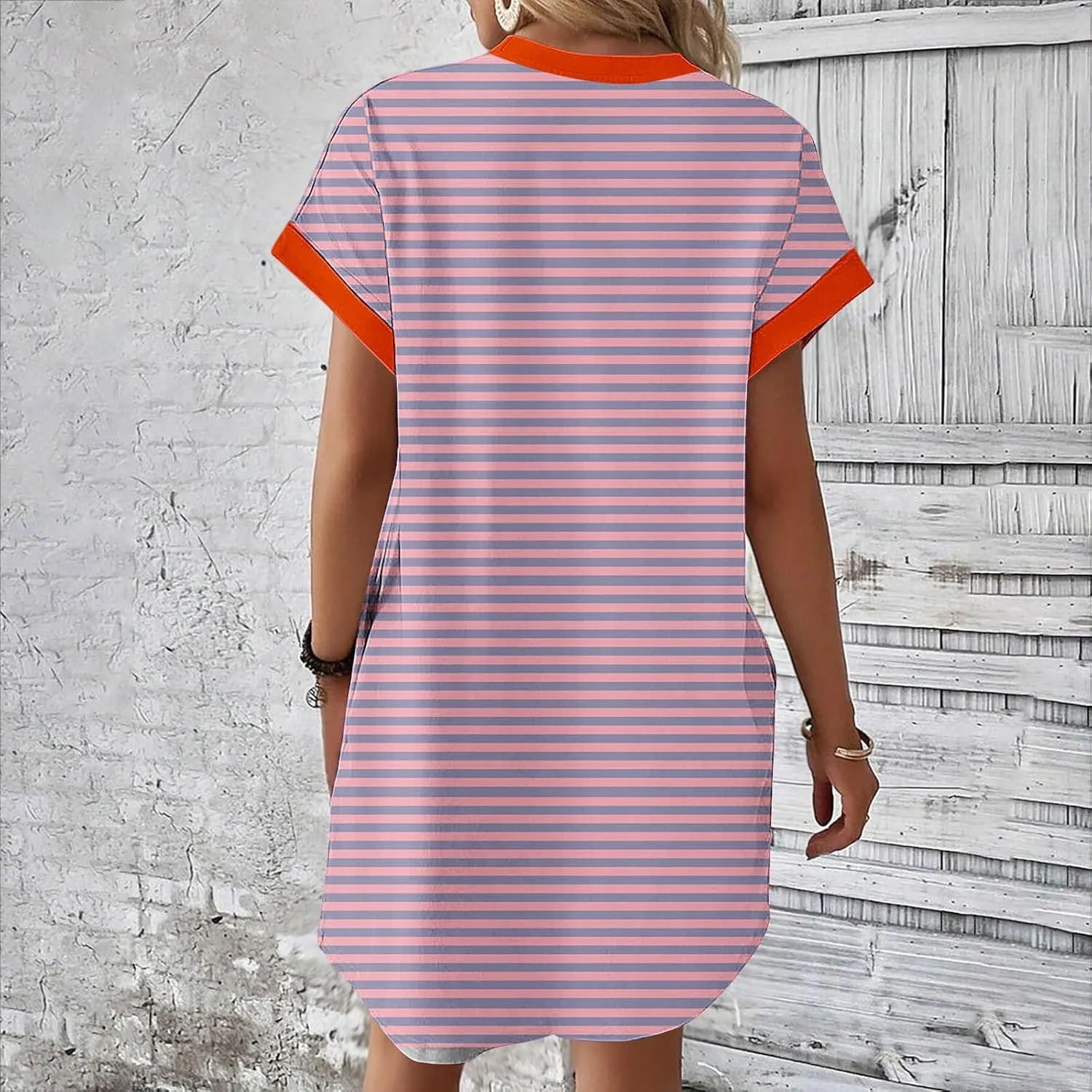 TANGNADE Womens Striped Summer Dresses Crewneck Cap Short Sleeve Midi Dress Casual A Line Tshirt Dress with Pockets