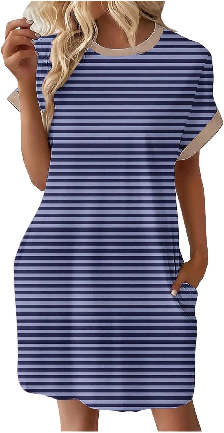 TANGNADE Womens Striped Summer Dresses Crewneck Cap Short Sleeve Midi Dress Casual A Line Tshirt Dress with Pockets