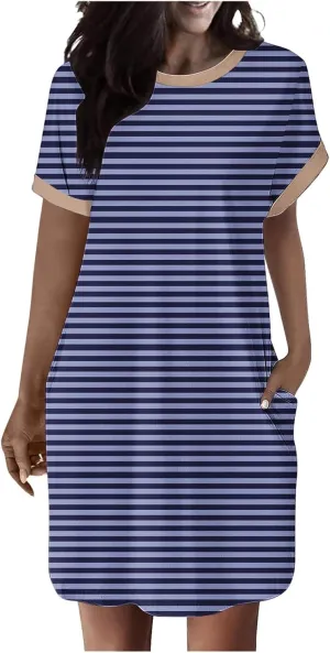 TANGNADE Womens Striped Summer Dresses Crewneck Cap Short Sleeve Midi Dress Casual A Line Tshirt Dress with Pockets