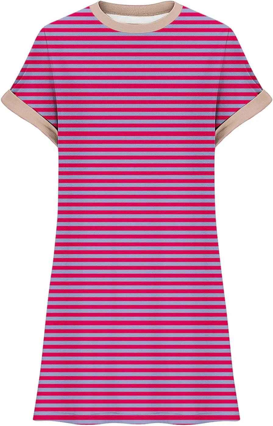 TANGNADE Womens Striped Summer Dresses Crewneck Cap Short Sleeve Midi Dress Casual A Line Tshirt Dress with Pockets
