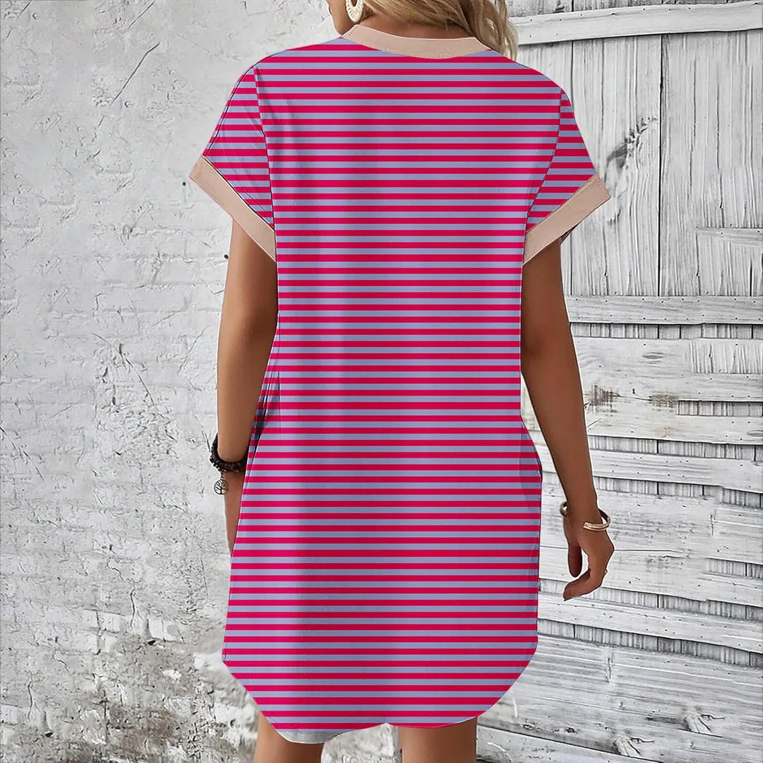 TANGNADE Womens Striped Summer Dresses Crewneck Cap Short Sleeve Midi Dress Casual A Line Tshirt Dress with Pockets