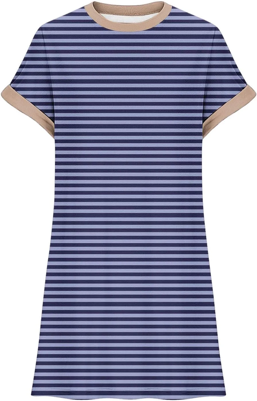 TANGNADE Womens Striped Summer Dresses Crewneck Cap Short Sleeve Midi Dress Casual A Line Tshirt Dress with Pockets