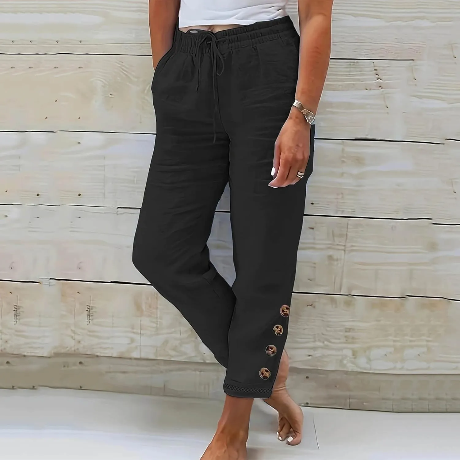 TANGNADE Women's Summer Casual Linen Pants Elastic Waist Relaxed Fit Drawstring Leg Crop Pants Beach Trousers with Pockets