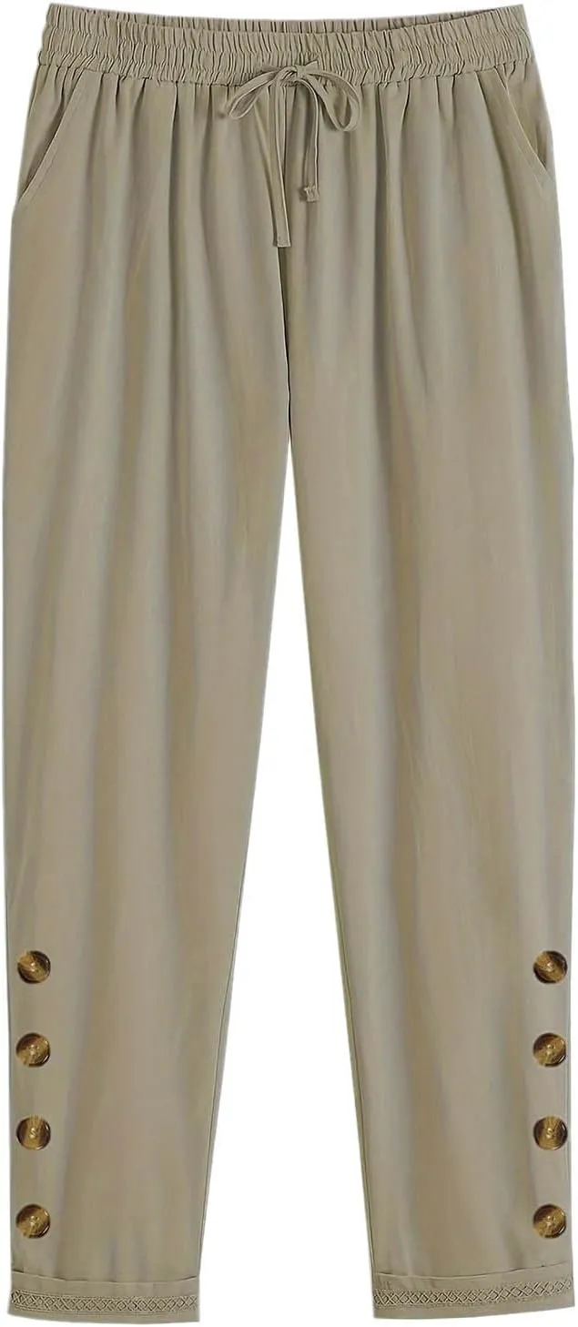 TANGNADE Women's Summer Casual Linen Pants Elastic Waist Relaxed Fit Drawstring Leg Crop Pants Beach Trousers with Pockets