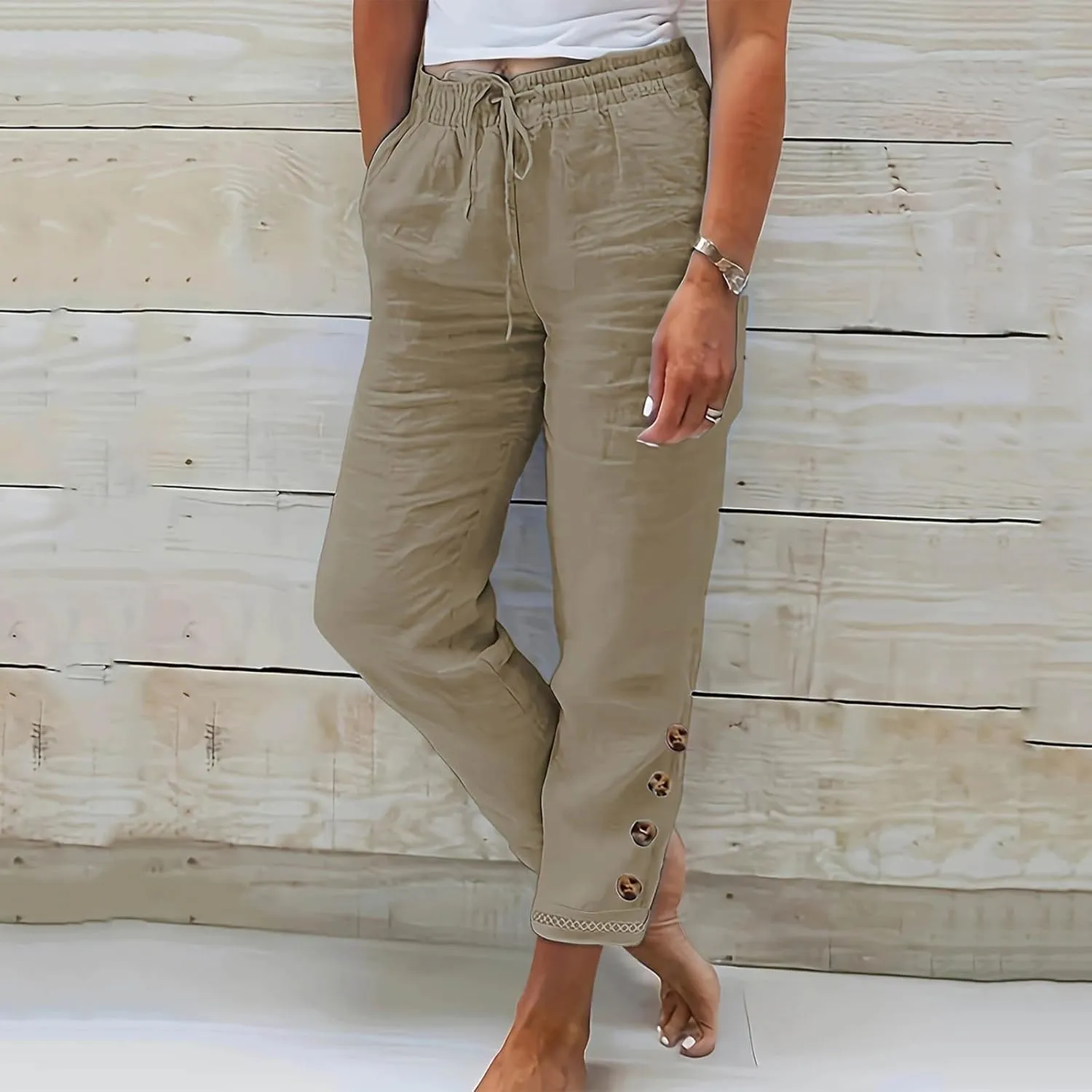 TANGNADE Women's Summer Casual Linen Pants Elastic Waist Relaxed Fit Drawstring Leg Crop Pants Beach Trousers with Pockets