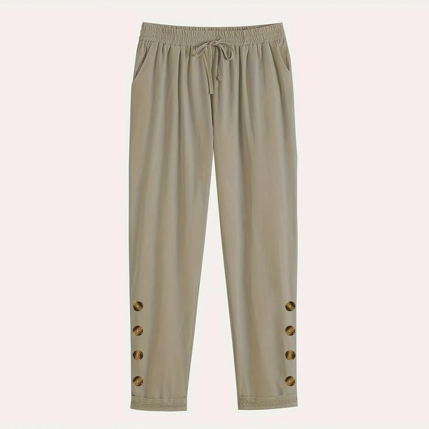 TANGNADE Women's Summer Casual Linen Pants Elastic Waist Relaxed Fit Drawstring Leg Crop Pants Beach Trousers with Pockets