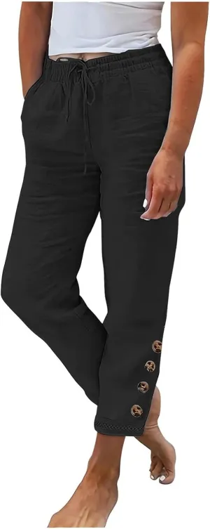 TANGNADE Women's Summer Casual Linen Pants Elastic Waist Relaxed Fit Drawstring Leg Crop Pants Beach Trousers with Pockets