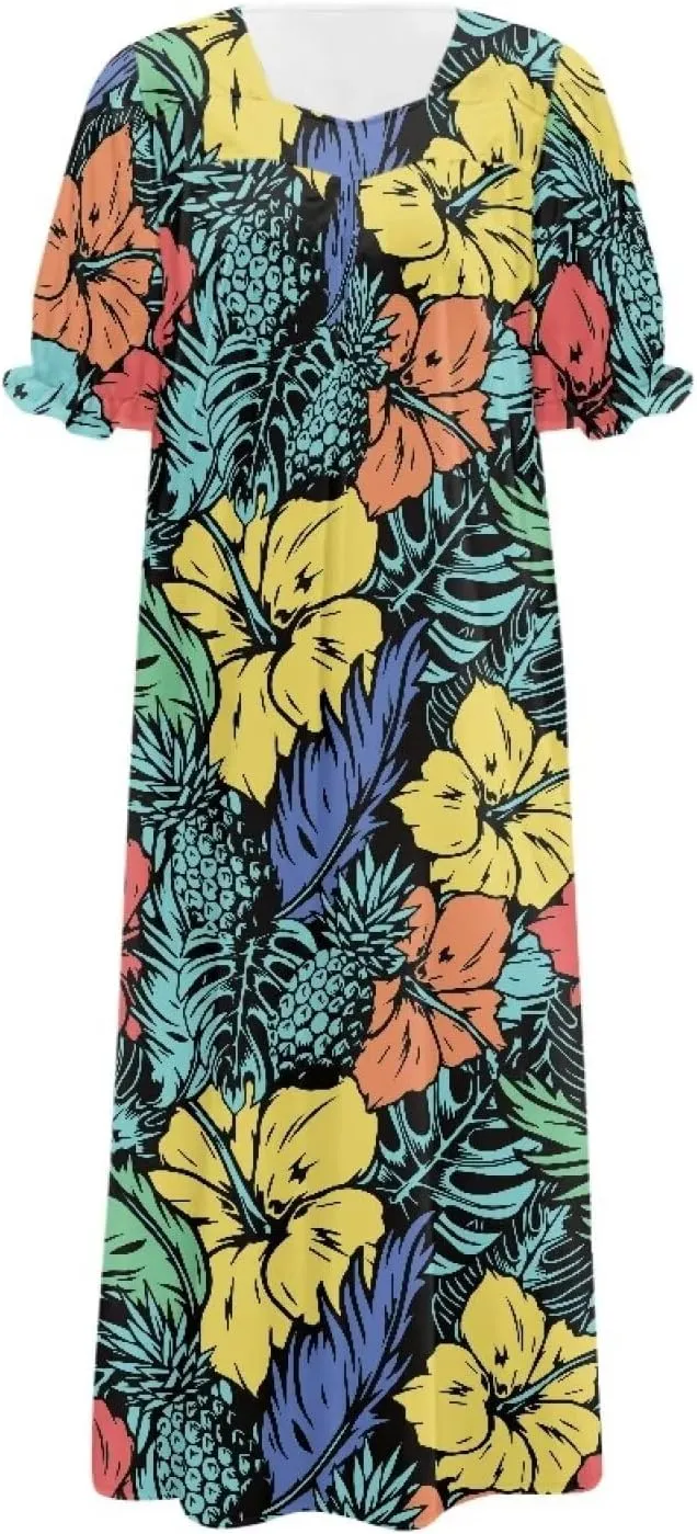 Tapa Polynesian Tonga Tribal Design Women Micronesian Mumu Muumuu Puff Short Sleeve Puffy Dress Ladies Midi Dress
