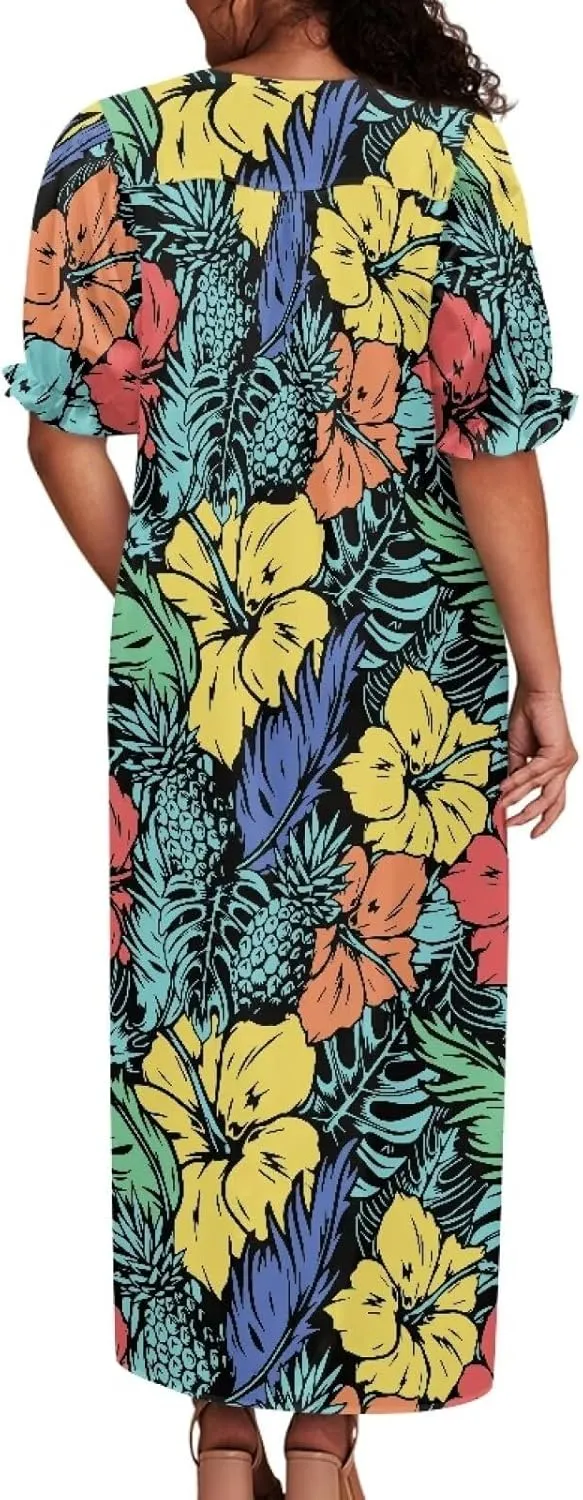 Tapa Polynesian Tonga Tribal Design Women Micronesian Mumu Muumuu Puff Short Sleeve Puffy Dress Ladies Midi Dress