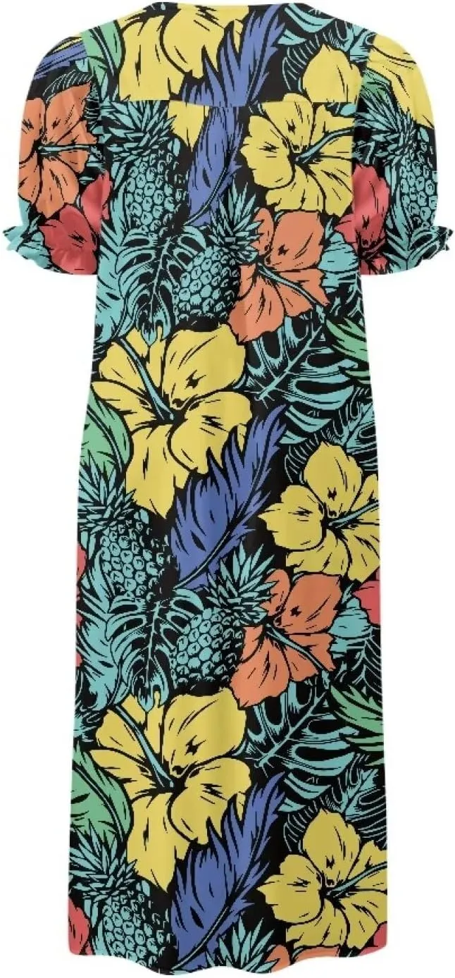 Tapa Polynesian Tonga Tribal Design Women Micronesian Mumu Muumuu Puff Short Sleeve Puffy Dress Ladies Midi Dress