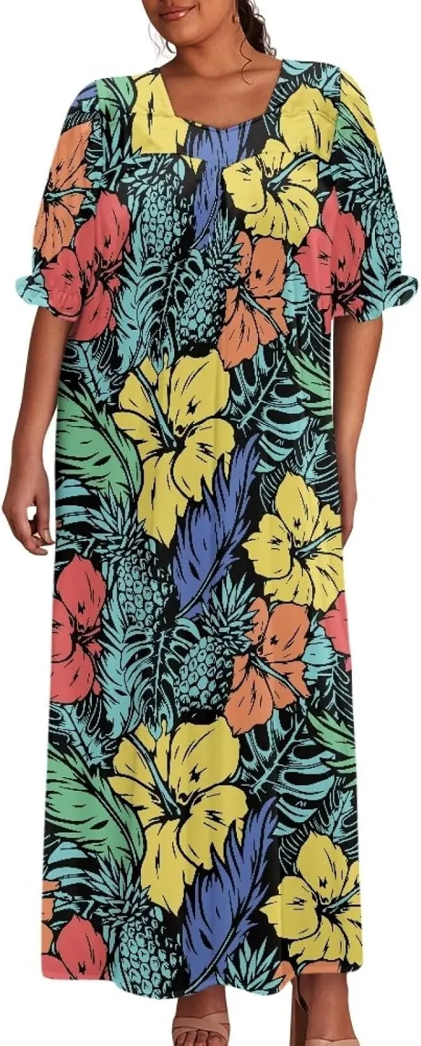 Tapa Polynesian Tonga Tribal Design Women Micronesian Mumu Muumuu Puff Short Sleeve Puffy Dress Ladies Midi Dress