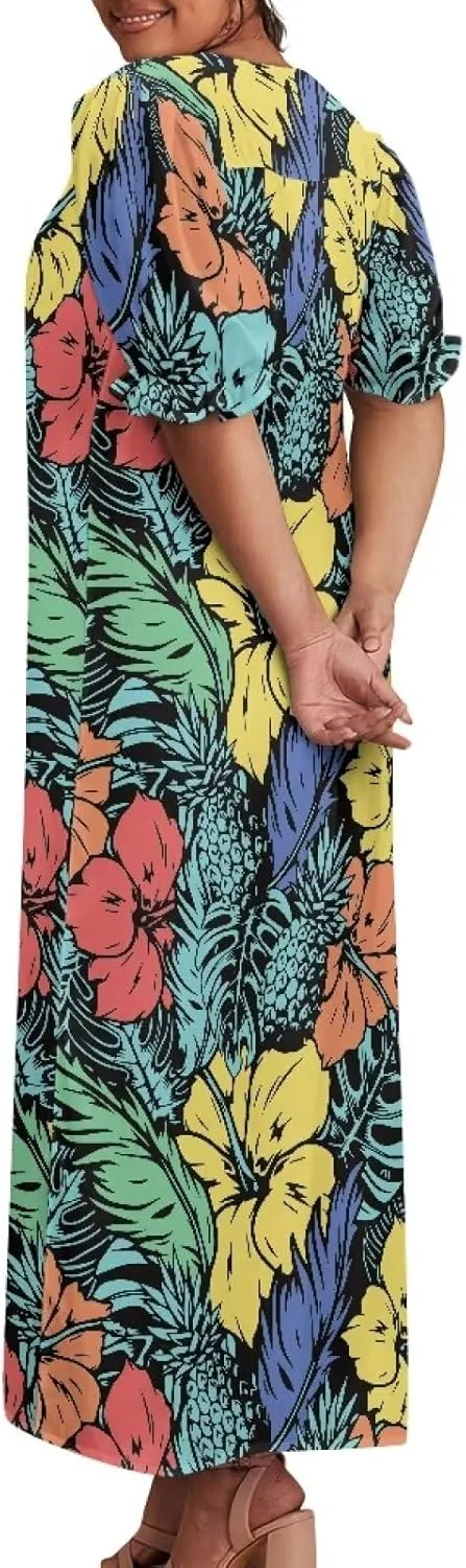 Tapa Polynesian Tonga Tribal Design Women Micronesian Mumu Muumuu Puff Short Sleeve Puffy Dress Ladies Midi Dress
