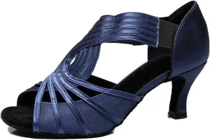 TDA Womens 7133 Flared Heel Dark Blue Satin Latin Modern Salsa Tango Ballroom Wedding Dance Shoes 5 M US