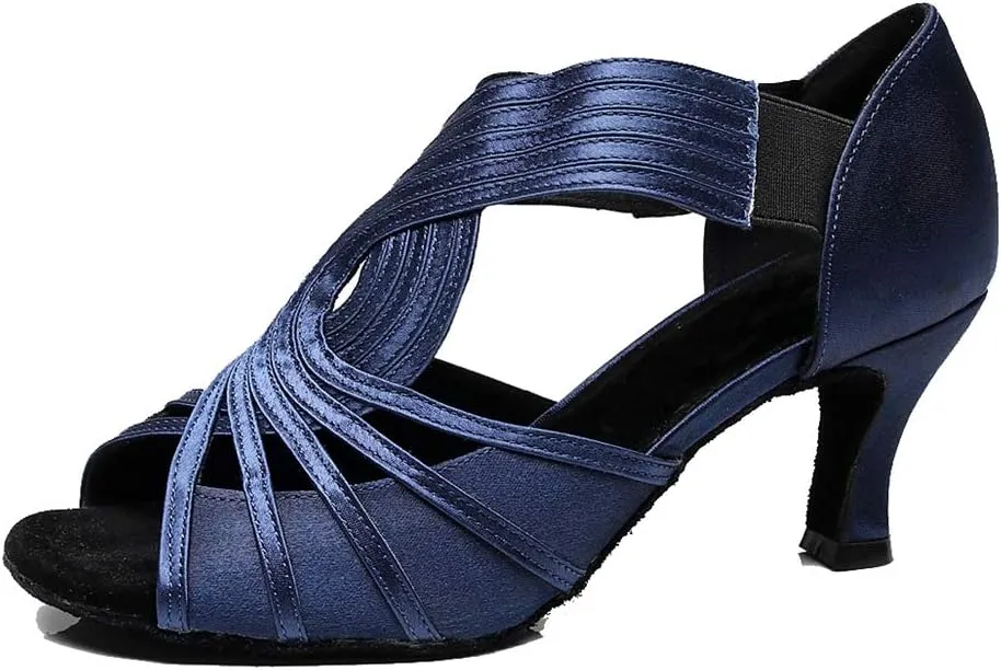 TDA Womens 7133 Flared Heel Dark Blue Satin Latin Modern Salsa Tango Ballroom Wedding Dance Shoes 5 M US