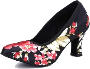 TDA Women's Round Toe Slip-on Mid Heel Satin Floral Practice Salsa Chacha Latin Dance Shoes