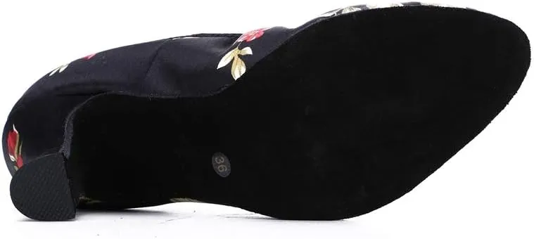 TDA Women's Round Toe Slip-on Mid Heel Satin Floral Practice Salsa Chacha Latin Dance Shoes