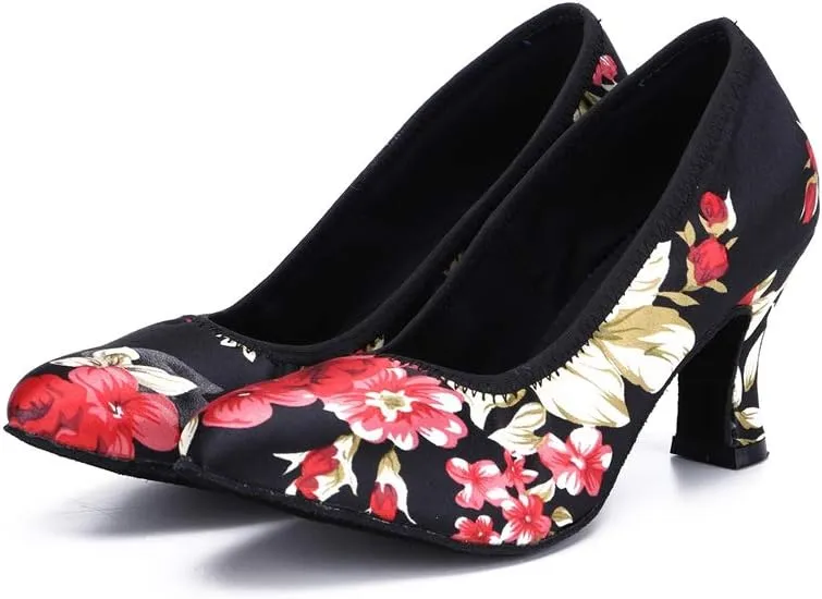 TDA Women's Round Toe Slip-on Mid Heel Satin Floral Practice Salsa Chacha Latin Dance Shoes
