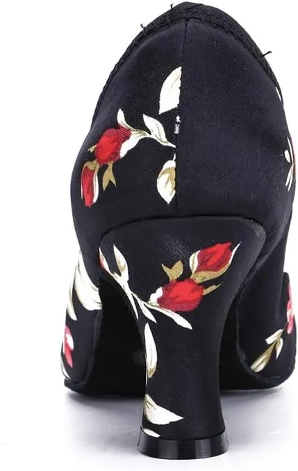 TDA Women's Round Toe Slip-on Mid Heel Satin Floral Practice Salsa Chacha Latin Dance Shoes