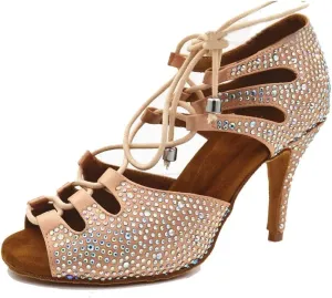 TDA Women's Sexy Lace-up Peep Toe Brown Crystals Satin Salsa Tango Ballroom Latin Dance Shoes 8 M US