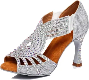 TDA Womens Slip-on Flaced Heel Silver Glitter Synthetic Crystals Latin Modern Salsa Tango Ballroom Wedding Dance Shoes 5.5 M US