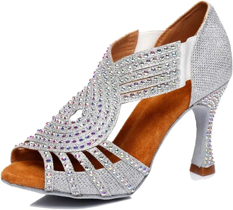 TDA Womens Slip-on Flaced Heel Silver Glitter Synthetic Crystals Latin Modern Salsa Tango Ballroom Wedding Dance Shoes 5.5 M US