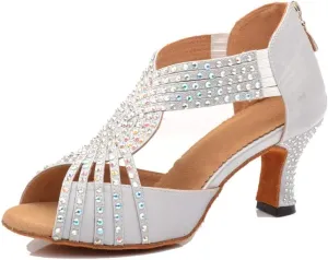 TDA Womens Zipper Flared Heel Silver Satin Crystals Latin Modern Salsa Tango Ballroom Wedding Dance Shoes 7.5 M US