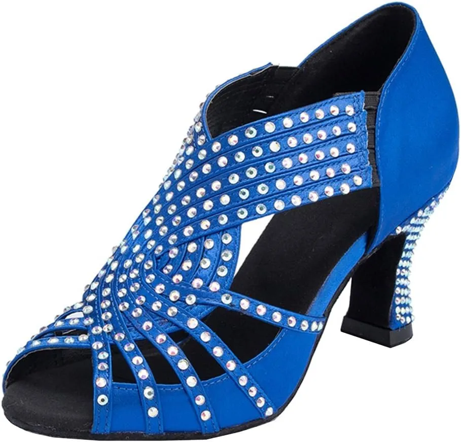 TDA Womens Zipper Mid Heel Blue Satin Crystals Latin Modern Salsa Tango Ballroom Wedding Dance Shoes 7 M US
