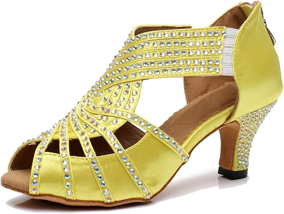 TDA Womens Zipper Mid Heel Yellow Satin Crystals Latin Modern Salsa Tango Ballroom Wedding Dance Shoes 4 M US