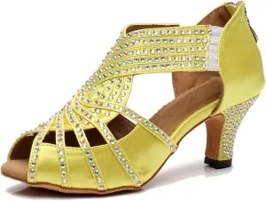 TDA Womens Zipper Mid Heel Yellow Satin Crystals Latin Modern Salsa Tango Ballroom Wedding Dance Shoes 4 M US