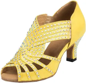 TDA Womens Zipper Mid Heel Yellow Satin Crystals Latin Modern Salsa Tango Ballroom Wedding Dance Shoes 5.5 M US