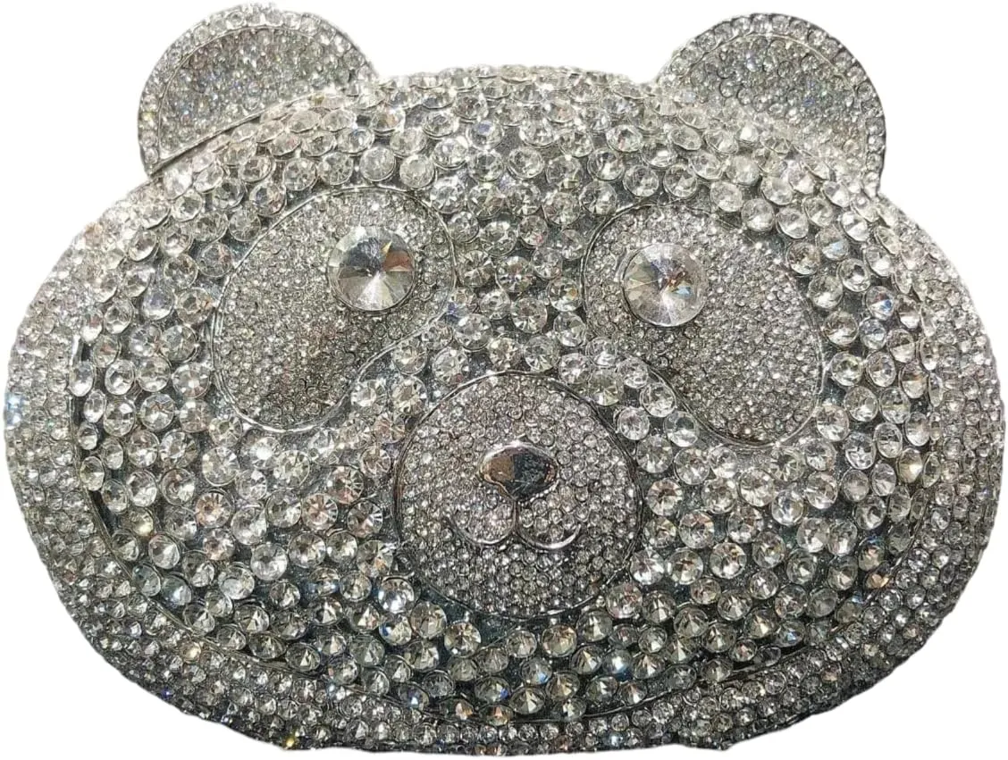 Teddy Bear Head Women Crystal Clutch Evening Bags Bling Luxury Handbags Wedding Party Purses Bag, Silver