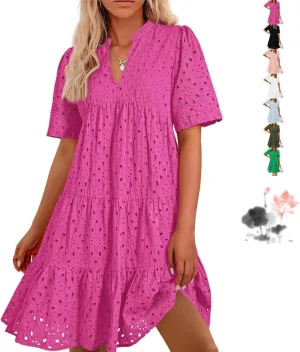 The Beauty North Eyelet Dress, Women's Elegant Hollow Out Lace Ruffle Casual Mini Dress, 2025 Pink Laura V Neck Sun Skirt
