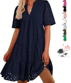 The Beauty North Eyelet Dress, Women's Elegant Hollow Out Lace Ruffle Casual Mini Dress, 2025 Pink Laura V Neck Sun Skirt