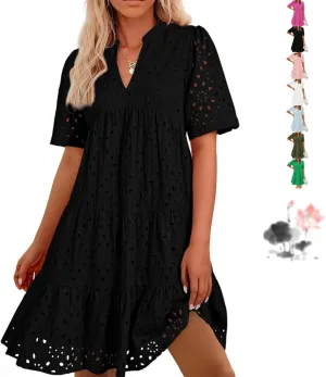 The Beauty North Eyelet Dress, Women's Elegant Hollow Out Lace Ruffle Casual Mini Dress, 2025 Pink Laura V Neck Sun Skirt