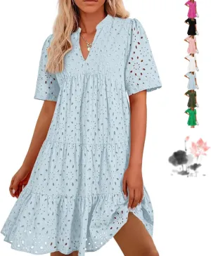 The Beauty North Eyelet Dress, Women's Elegant Hollow Out Lace Ruffle Casual Mini Dress, 2025 Pink Laura V Neck Sun Skirt