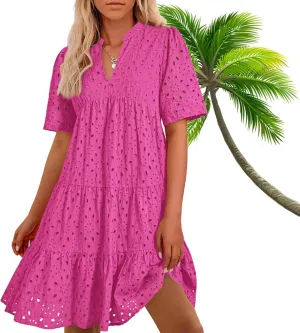 The Beauty North Eyelet Dress,Eyelet Ruffle Dresses,Women's Elegant Hollow Out Lace Ruffle Casual Mini Dress